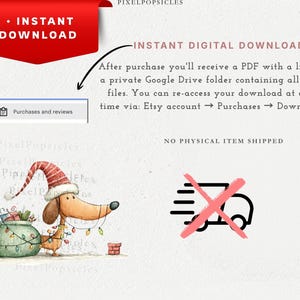 May include: A digital illustration of a brown dachshund wearing a red and white striped Santa hat, standing next to a green sack filled with gifts and wrapped in colorful Christmas lights. The image includes text about instant downloads.