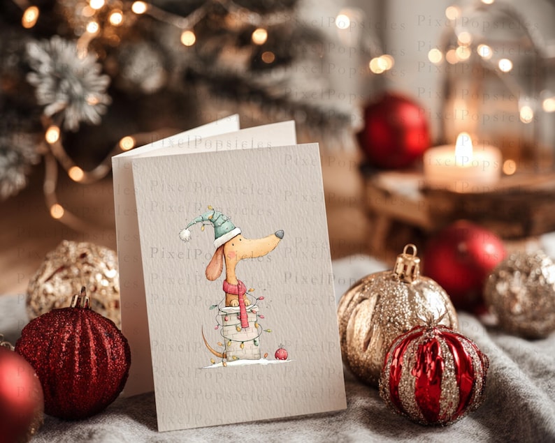 May include: A folded greeting card featuring a watercolor illustration of a tan dachshund wearing a teal striped hat and a pink scarf, sitting inside a white bucket wrapped in colorful Christmas lights, set against a textured paper background.