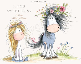 Clipart di pony ad acquerello: pacchetto PNG di cavalli floreali per la decorazione della cameretta dei bambini.