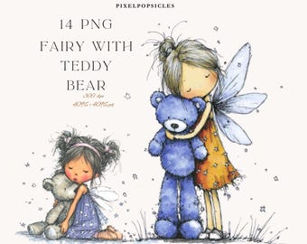 May include: Illustration of two fairies with teddy bears. One fairy is hugging a blue teddy bear, and the other is hugging a beige teddy bear. The image includes the text "14 PNG FAIRY WITH TEDDY BEAR".