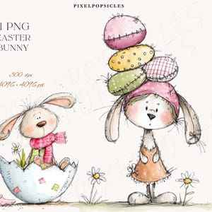 May include: Watercolor illustration featuring two Easter bunnies. One bunny sits in a cracked eggshell, wearing a pink scarf. The other bunny balances colorful, stitched egg-shaped objects on its head. The image includes the text "21 PNG Easter Bunny".