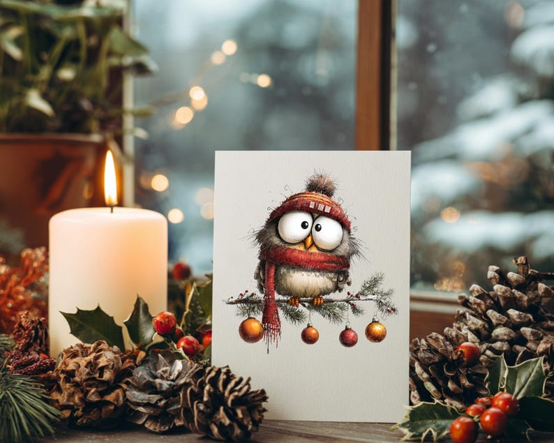 May include: A greeting card featuring a whimsical owl illustration. The owl is wearing a red hat and scarf, perched on a branch with ornaments. The card is set against a festive backdrop with a lit candle, pinecones, and greenery.