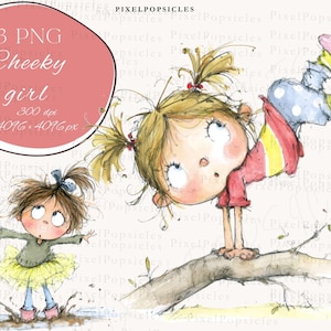 Puede incluir: Ilustración en acuarela de dos niñas. Una está boca abajo en la rama de un árbol, con una camisa roja, pantalones azules y zapatos rosas. La otra niña lleva una camisa verde y un tutú amarillo. Incluye el texto "Cheeky girl".