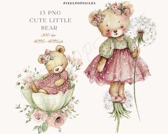 May include: Watercolor illustration of two cute teddy bears. One bear is holding a dandelion, wearing a pink polka dot dress and a floral crown. The other bear is sleeping in a flower. The text "13 PNG CUTE LITTLE BEAR" is at the top.