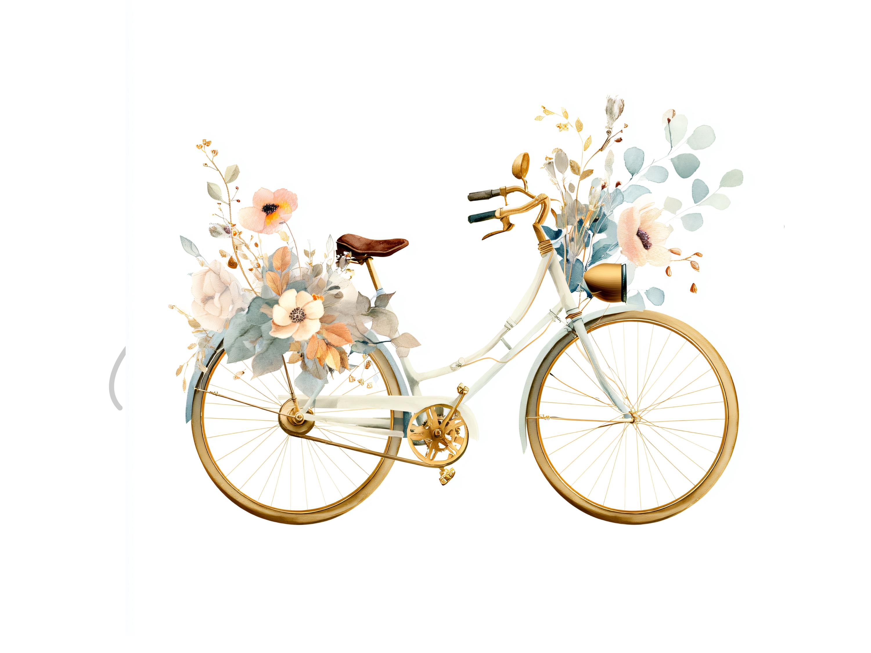 水彩画風の花柄自転車クリップアート：ビンテージ自転車イラスト