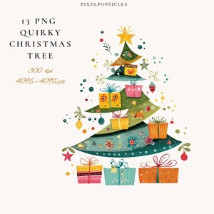 Op de afbeelding: Een illustratie van een eigenzinnige kerstboom met een ster en cadeaus. De boom is versierd met ornamenten en een grillig ontwerp. Tekst op de afbeelding luidt "13 PNG Quirky Christmas Tree 300 dpi 4096 x 4096 px".
