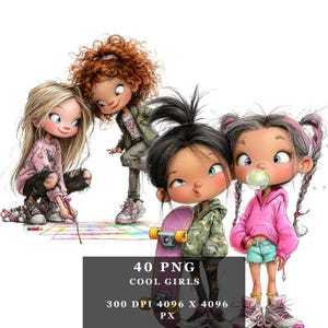 Cool Girls PNG Clipart, Trendy Tween Girl Illustrations, Diverse Urban Friends, Digital Download, Planner Sticker ClipArt, Fashion Teen Art