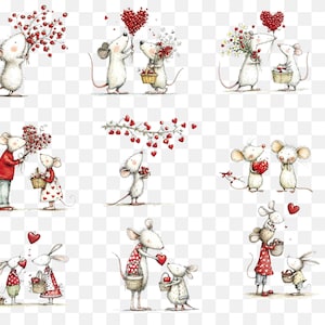 May include: Watercolor illustrations of adorable mice and rabbits in various romantic scenes. The characters are depicted holding flowers, heart-shaped balloons, and baskets, with a focus on love and affection. The color palette includes red, white, and soft earth tones.