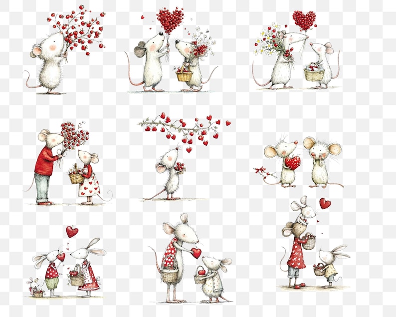 May include: Watercolor illustrations of adorable mice and rabbits in various romantic scenes. The characters are depicted holding flowers, heart-shaped balloons, and baskets, with a focus on love and affection. The color palette includes red, white, and soft earth tones.
