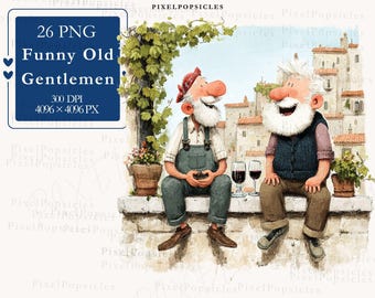 Funny Old Gentlemen Watercolor Clipart PNG Vintage Grandpa Characters Illustration for Commercial Use