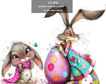 Quirky Bunnies with Eggs Clipart – Adorable Easter JPG Bundle, Whimsical Rabbit Digital Art for Cards, Stickers, Sublimation & POD