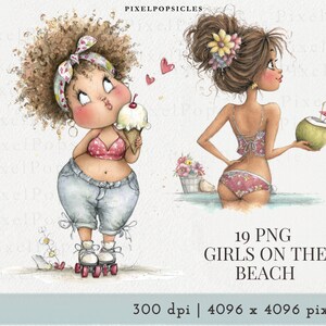 Watercolor Beach Girls Clipart – Summer Roller Skating, Tropical Drink Graphics