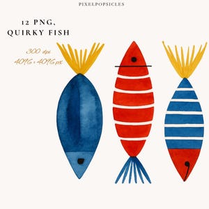 Może przedstawiać: Akwarelowa ilustracja trzech dziwacznych ryb w kolorze niebieskim, czerwonym i niebieskim z białymi paskami. Każda ryba ma żółtą płetwę i unikalny design. Obraz zawiera tekst "12 PNG, QUIRKY FISH, 300 dpi, 4096 x 4096 px."