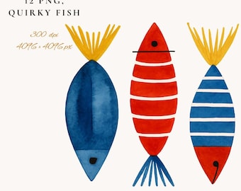 Fish Clipart Bundle: Hand-Drawn Sea Creatures, Scrapbooking Graphics (12 PNG) (Digital Download 1#