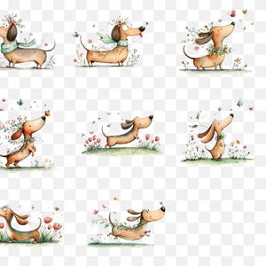 May include: A collection of watercolour illustrations featuring dachshund dogs adorned with floral wreaths and scarves. The dogs are shown in different poses, some gazing at butterflies, others running through a field of flowers. The colour scheme includes browns, greens, and pinks.