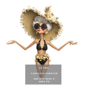Cheerful Old Lady Beach Clipart Playful Grandma in Swimsuit PNG Cartoon Elderly Woman Digital Art Download Digital Vintage Lady Illustration