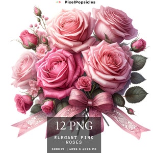12 Watercolors Pink Roses ClipArt png, Watercolor Flowers, Spring Flower Clipart, Vintage png, Commercial Use, Instant Digital Download