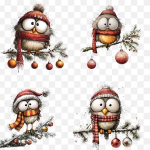 May include: Four whimsical watercolor illustrations of owls perched on branches, each adorned with a winter hat and scarf. The owls are surrounded by Christmas ornaments, creating a festive holiday theme. The artwork features a transparent background.