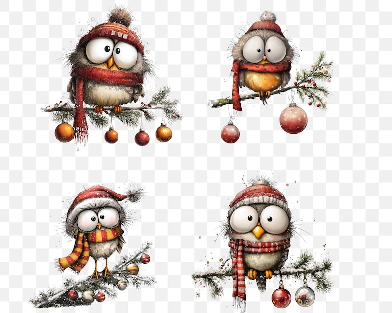 May include: Four whimsical watercolor illustrations of owls perched on branches, each adorned with a winter hat and scarf. The owls are surrounded by Christmas ornaments, creating a festive holiday theme. The artwork features a transparent background.
