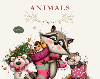 Clipart di animali natalizi, pacchetto PNG con immagini di boschi invernali ad acquerello