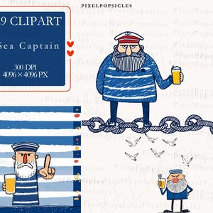 May include: A digital clipart set titled "29 CLIPART Sea Captain." The image features a cartoon sea captain with a white beard, holding a beer, and standing on a chain. The captain wears a blue and white striped shirt and a captain's hat. Additional illustrations include seagulls and nautical elements.