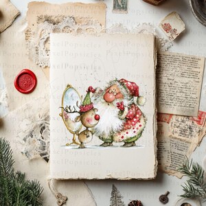 K&ouml;nnte beinhalten: Eine skurrile Weihnachtsbildillustration mit dem Weihnachtsmann und einem Rentier, die sich in einem Spiegel betrachten. Der Weihnachtsmann tr&auml;gt einen rot-wei&szlig; gepunkteten Anzug und Hut. Das Rentier hat einen gr&uuml;nen Hut und eine rote Nase. Das Kunstwerk ist auf gealtertem Papier.