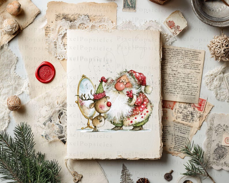 K&ouml;nnte beinhalten: Eine skurrile Weihnachtsbildillustration mit dem Weihnachtsmann und einem Rentier, die sich in einem Spiegel betrachten. Der Weihnachtsmann tr&auml;gt einen rot-wei&szlig; gepunkteten Anzug und Hut. Das Rentier hat einen gr&uuml;nen Hut und eine rote Nase. Das Kunstwerk ist auf gealtertem Papier.
