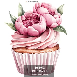 10 Watercolor Cupcake Clipart, Floral Birthday Cake PNG, Digital Image Downloads, Card Making Scrapbook Junk Journal Paper Crafts