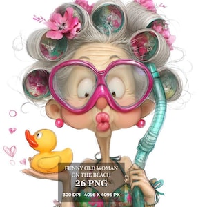Funny Old Woman on the Beach Clipart, Quirky Bikini Granny PNG, Summer Cartoon Lady Digital Download, Centered Beach Grandma Illustration