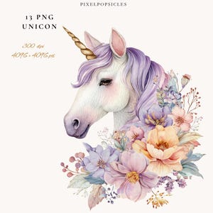 Unicorn Clipart, Watercolor Unicorn PNG for Baby Nursery Decor, Digital Illustration for Creative Projects