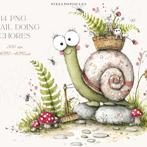 May include: Watercolor illustration of a cartoon snail doing chores. The snail has a green body, a shell with a floral pattern, and is carrying a basket of plants. The image includes text that reads "14 PNG Snail Doing Chores".