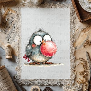 May include: A whimsical watercolor illustration of a bird with large eyes, holding a large red sphere in its beak. The bird is primarily gray and white, with a red bow. The artwork is on a textured paper with a lace border.