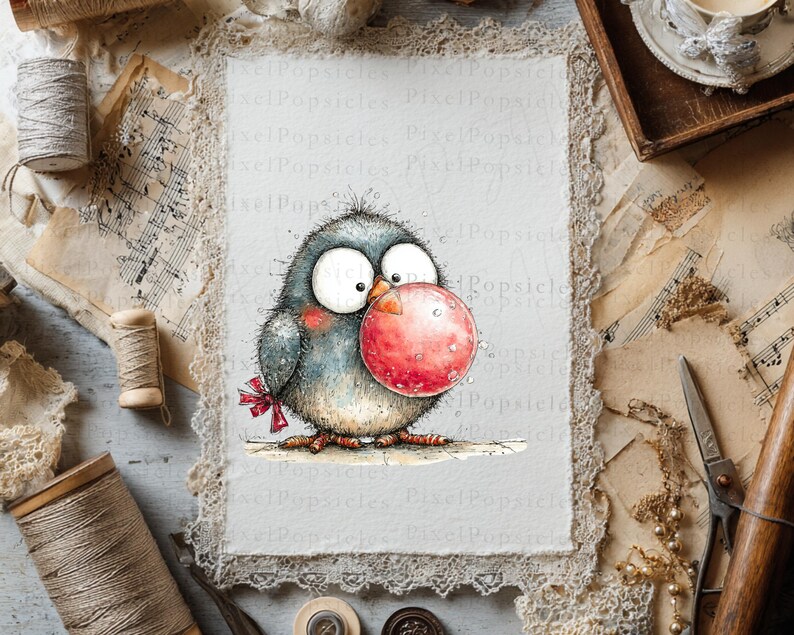 May include: A whimsical watercolor illustration of a bird with large eyes, holding a large red sphere in its beak. The bird is primarily gray and white, with a red bow. The artwork is on a textured paper with a lace border.