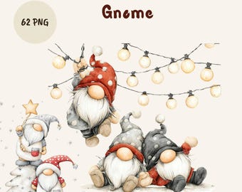 May include: Digital illustration set titled Little Christmas Gnome 62 PNG featuring multiple gnomes with long white beards, wearing red and gray polka-dot hats, interacting with string lights, a star wand, and a stylized Christmas tree.