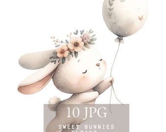 10 dolci coniglietti che volano su palloncini Jpg - coniglietto pasquale - bouquet floreali primaverili - decorazione per la cameretta con simpatici animaletti - uso commerciale