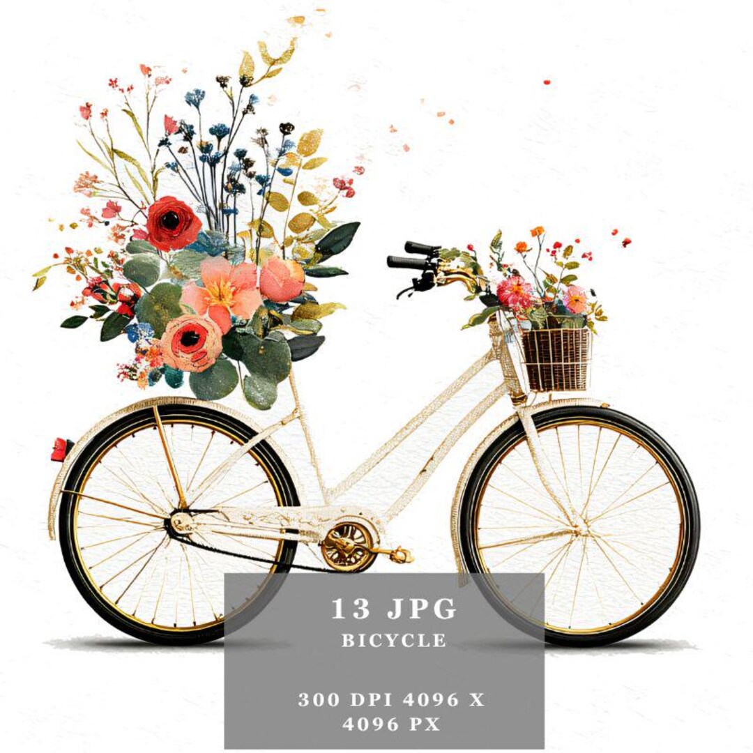 水彩花柄自転車クリップアート：ヴィンテージ自転車イラスト（デジタル