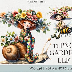 May include: A digital illustration featuring two garden elves. One elf sits atop a snail, wearing a floral hat and outfit. The other elf rides a bumblebee, also wearing a floral hat and outfit. The image includes the text "11 PNG GARDEN ELF".