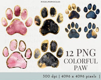 Impronte di zampe con effetto acquerello e lamina d'oro, clipart, 12 zampe di cane colorate in formato PNG