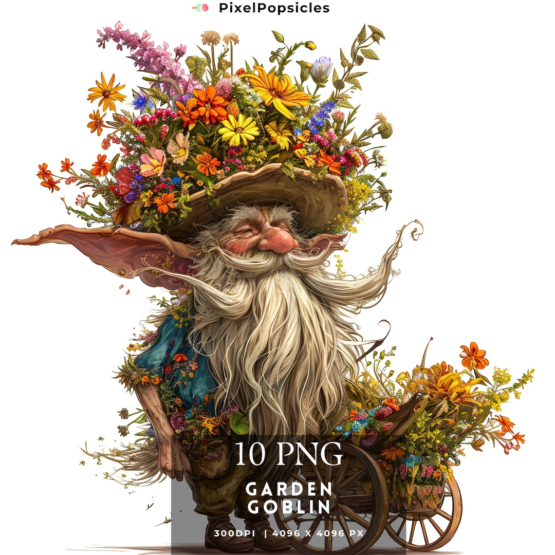 Watercolor Garden Goblin Clipart Bundle, 10 PNG Fantasy Floral Spring ...