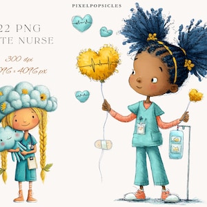 Puede incluir: Ilustración de dos enfermeras lindas con uniformes de color turquesa. Una sostiene un globo en forma de corazón con un diseño de latido, la otra sostiene un peluche en forma de nube. La imagen incluye el texto "22 PNG Cute Nurse".