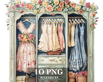 Shabby Chic Wardrobe Clipart: Floral Dresses, Watercolor PNG (Digital Download)