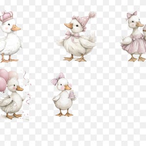 May include: Watercolour illustrations of cute white ducks. One duck wears a pink crown, another a party hat, and a third a pink dress. One duck holds balloons, and another a small cake. The ducks have orange beaks and feet.