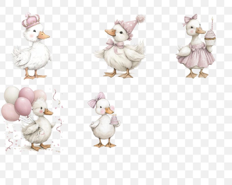 May include: Watercolour illustrations of cute white ducks. One duck wears a pink crown, another a party hat, and a third a pink dress. One duck holds balloons, and another a small cake. The ducks have orange beaks and feet.