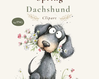 Spring Dachshund Clipart, 14 Watercolor Floral Dog PNGs