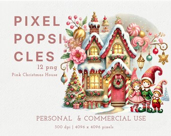 Pink Christmas House Clipart, Gingerbread Village PNG, Cozy Xmas Art, Sublimation Design