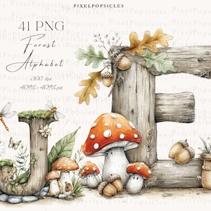 Puede incluir: Ilustración en acuarela con las letras "J" y "E" hechas de madera, decoradas con setas, bellotas y hojas. La imagen incluye libélulas, margaritas y mariposas. El texto en la parte superior dice "41 PNG Forest Alphabet".