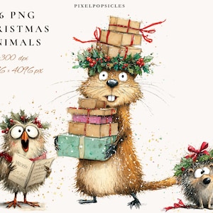 Op de afbeelding: Waterverfillustratie van kerstdieren, waaronder een zingende uil, een bever die cadeaus draagt en een egel. De afbeelding bevat de tekst "26 PNG Christmas Animals" en "Pixel Popsicles". De dieren zijn versierd met hulstkransen en rode linten.