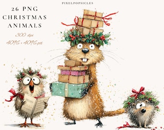 Christmas Animal Clipart, 26 Festive Woodland PNGs