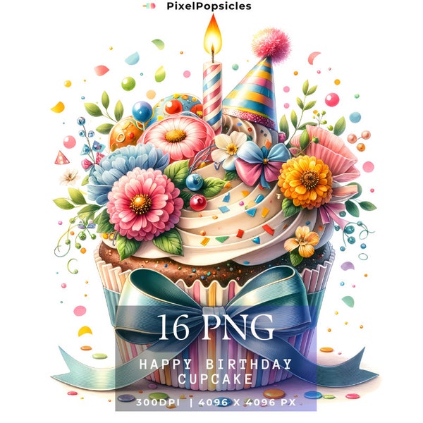 Birthday Cupcake Clipart Set - 16 PNG de haute qualité, livre de mémoire, journaux indésirables, albums, planificateurs numériques, sublimation, utilisation commerciale