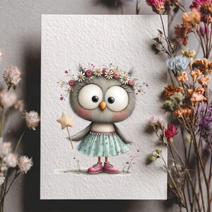 May include: A whimsical illustration of a cartoon owl wearing a floral crown, a blue skirt, and pink shoes, holding a star wand. The owl has large eyes and rosy cheeks. The background is a textured white surface.